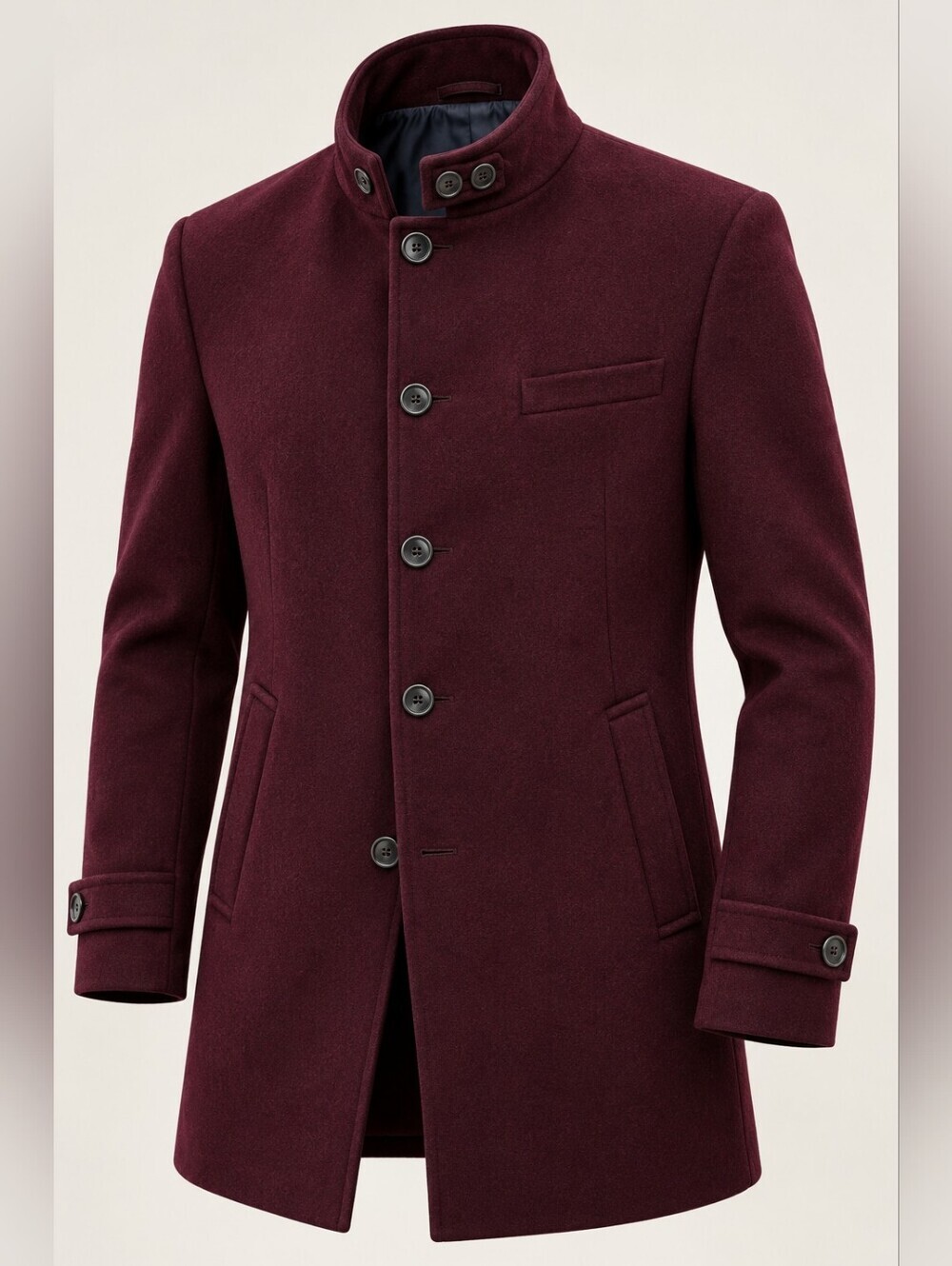 Gianni Feraud Men’s Burgundy Wool Blend Stand Collar Coat Size 46 EU 56